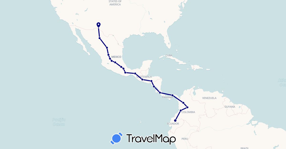 TravelMap itinerary: driving in Colombia, Costa Rica, Ecuador, Guatemala, Honduras, Mexico, Nicaragua, Panama (North America, South America)